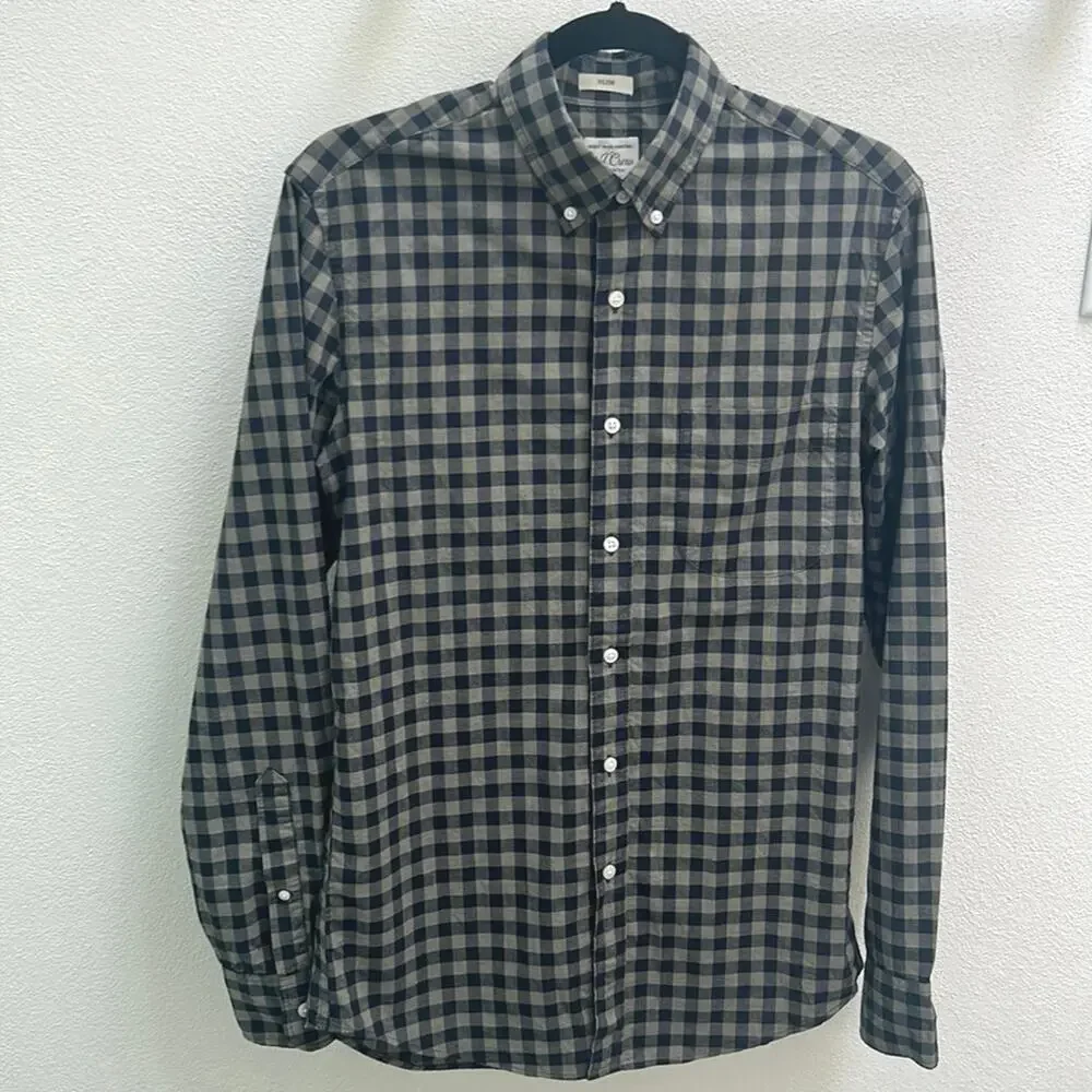 J Crew Slim Fit Stretch Secret Watch Button Down Shirt Navy Olive Plaid Small